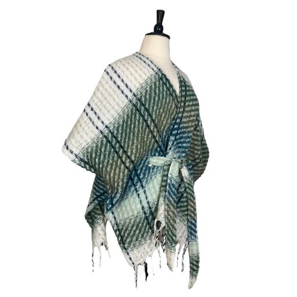 Lauren Conrad Sweater Belted Wrap Shawl Cream Blue Green Plaid Women’s Size OS - Picture 4 of 12